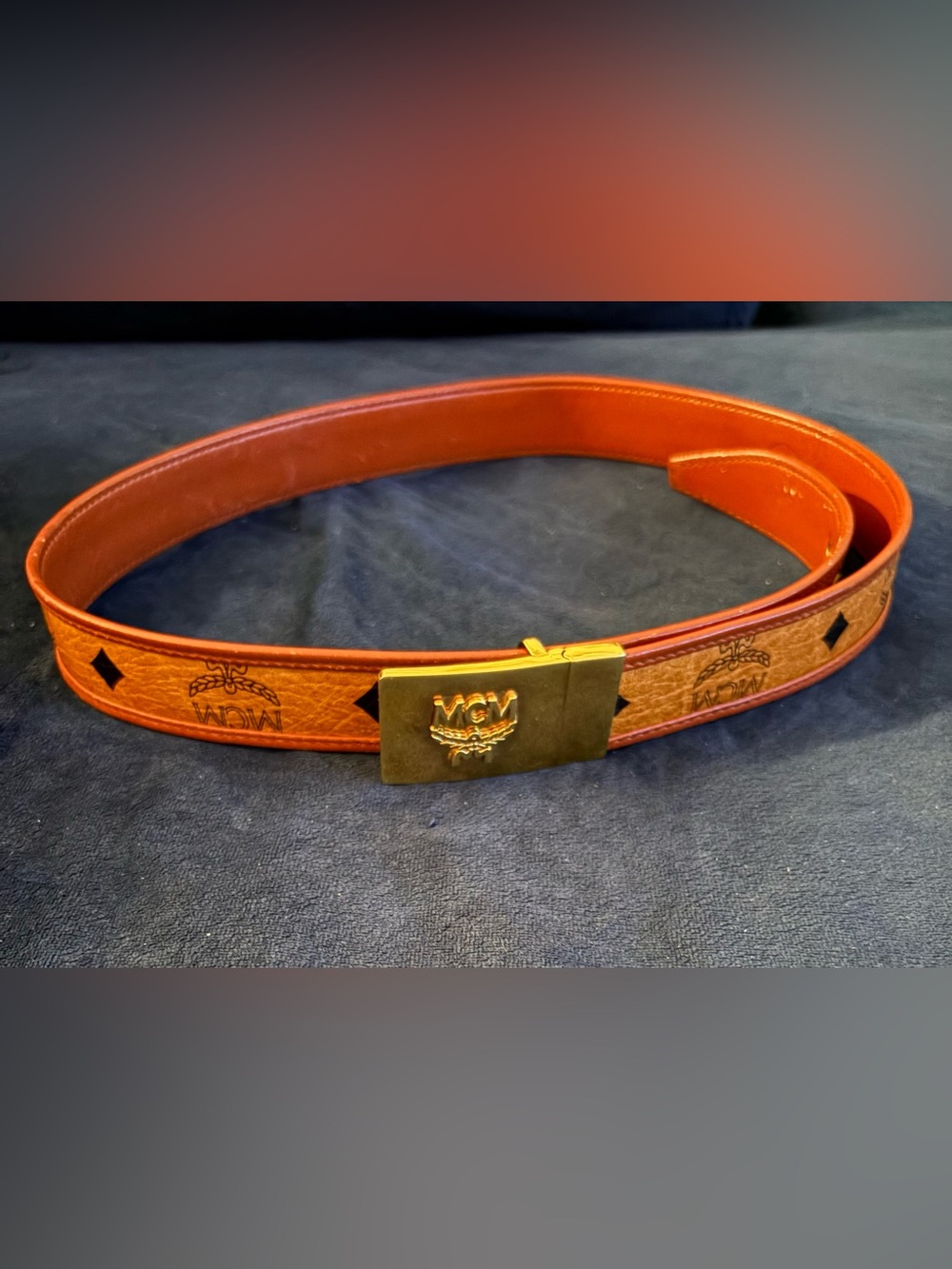 MCM women Cognac Logo Leather Belt with Gold-Tone Buckle fit up to waist 30
